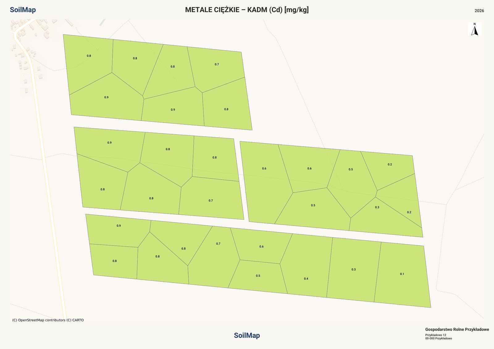 Mapa: metale ciężkie, kadm Cd, wartości w strefach