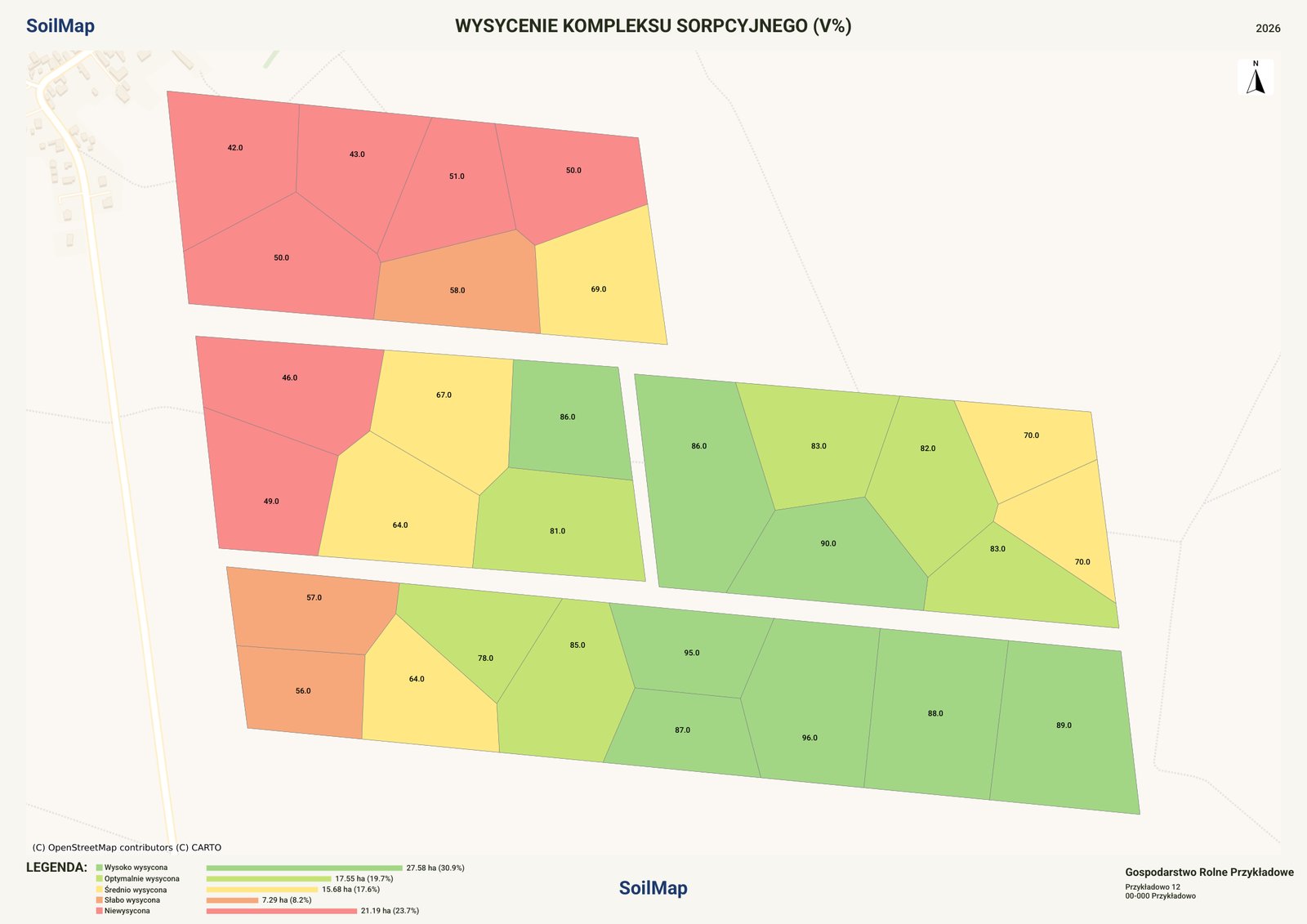 Arkusz A3 z SoilMap: wysycenie kompleksu sorpcyjnego V% w 30 strefach przykładowego gospodarstwa, z legendą powierzchni w hektarach